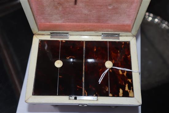 An early 19th century white metal mounted tortoiseshell sarcophagus tea caddy H.15cm, W.15cm